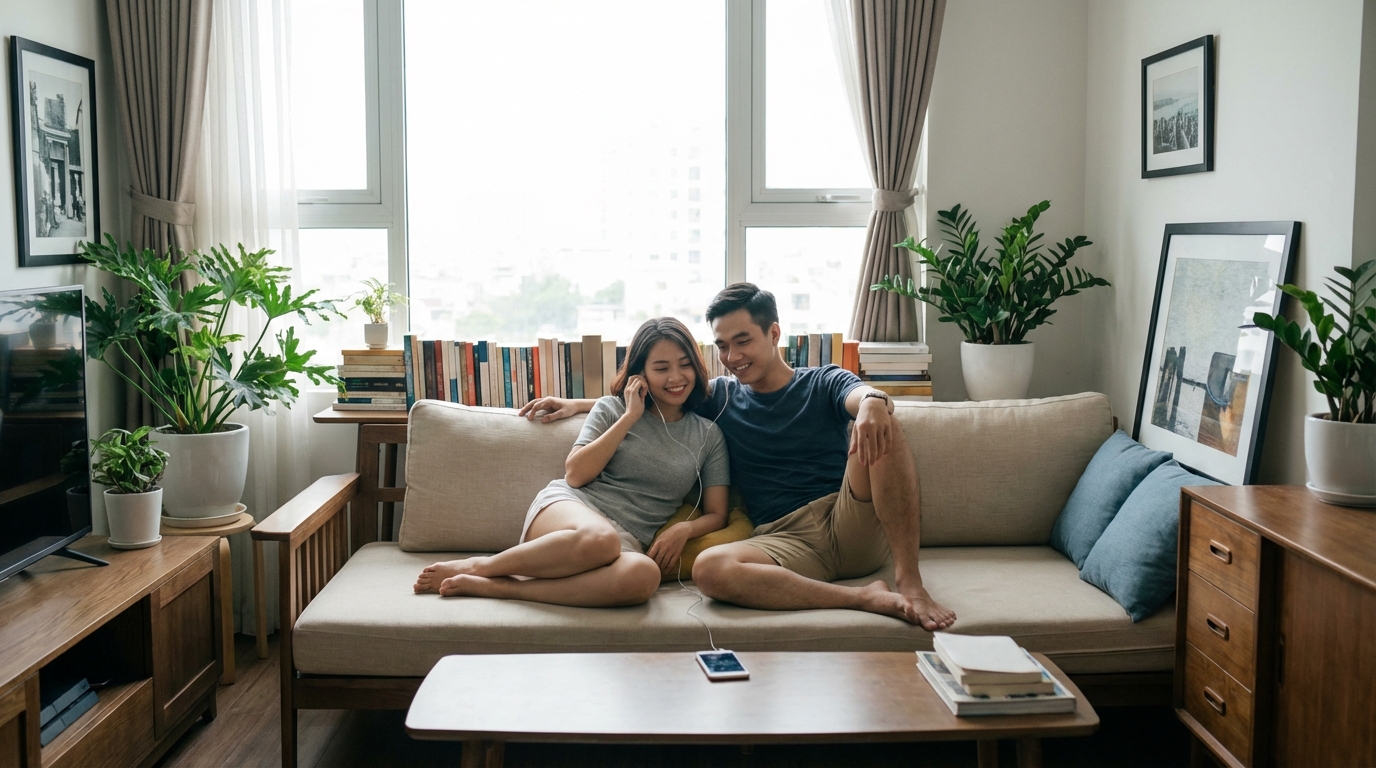 Hai người trẻ Việt Nam cùng nghe truyện audio trong không gian quen thuộc